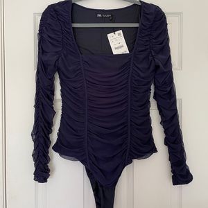 NEW WITH TAGS Zara Navy Blue Ruched Long-sleeve bodysuit